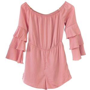 Charlotte Russe Blush Pink Off-Shoulder Romper Satiny Ruffle Sleeve Small